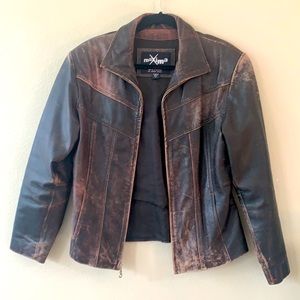 Brown leather distressed bomber jacket